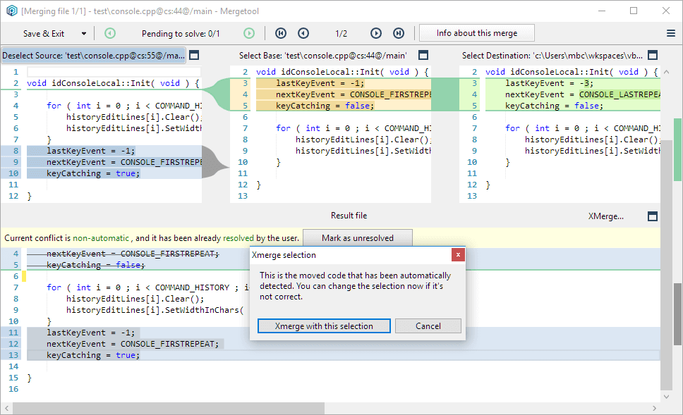 Xmerge highlighting the moved text section