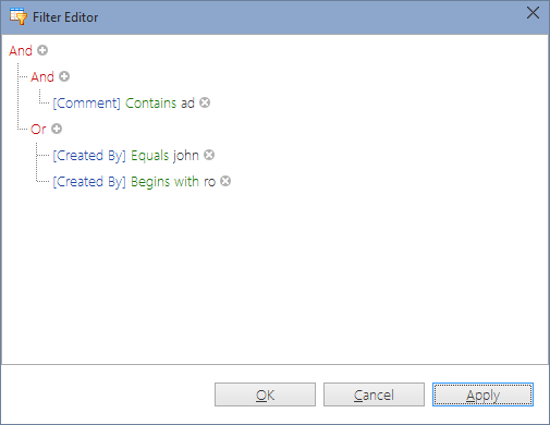 Changesets view - Filter editor example